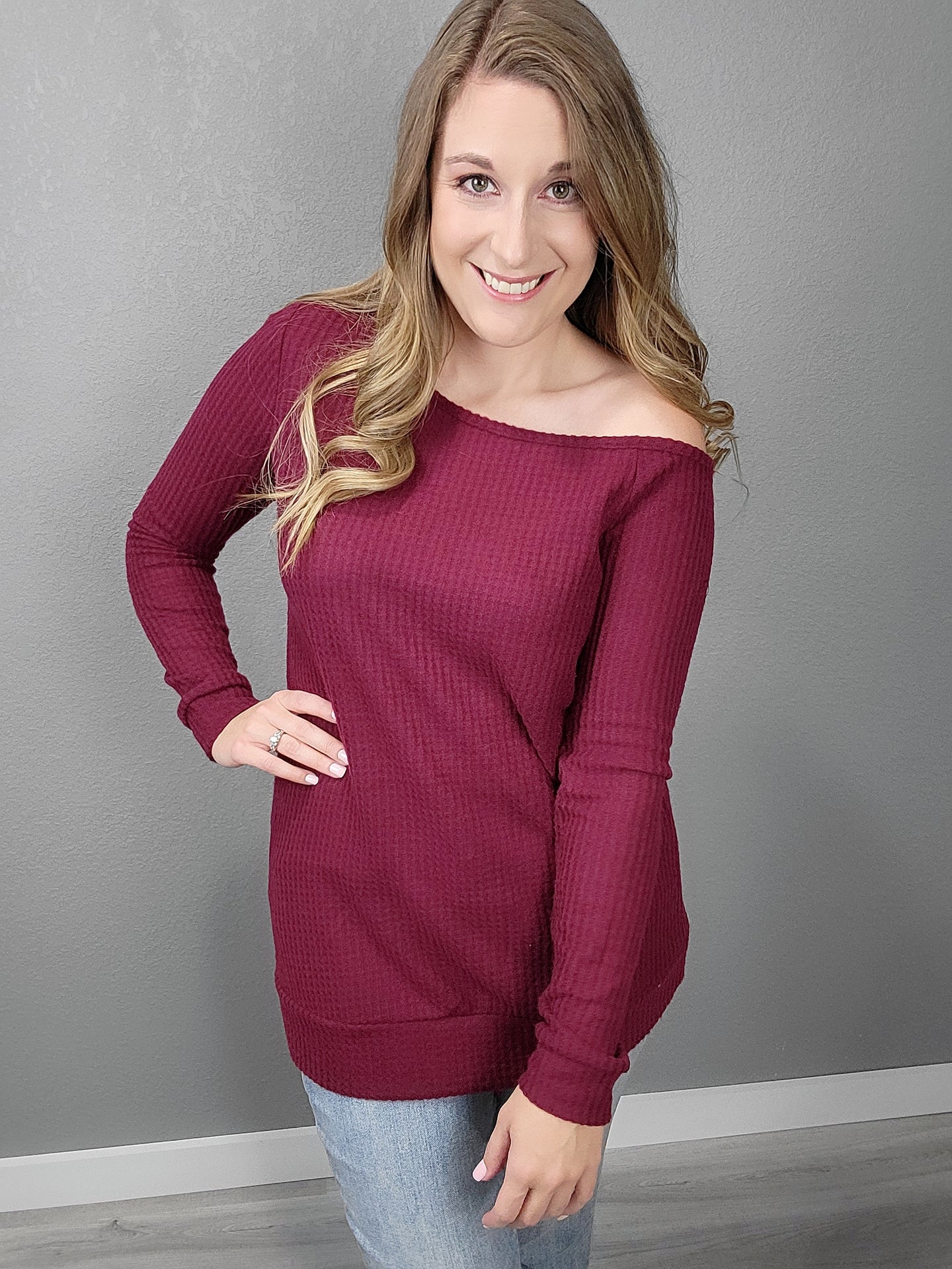 Red one shoulder on sale sweater