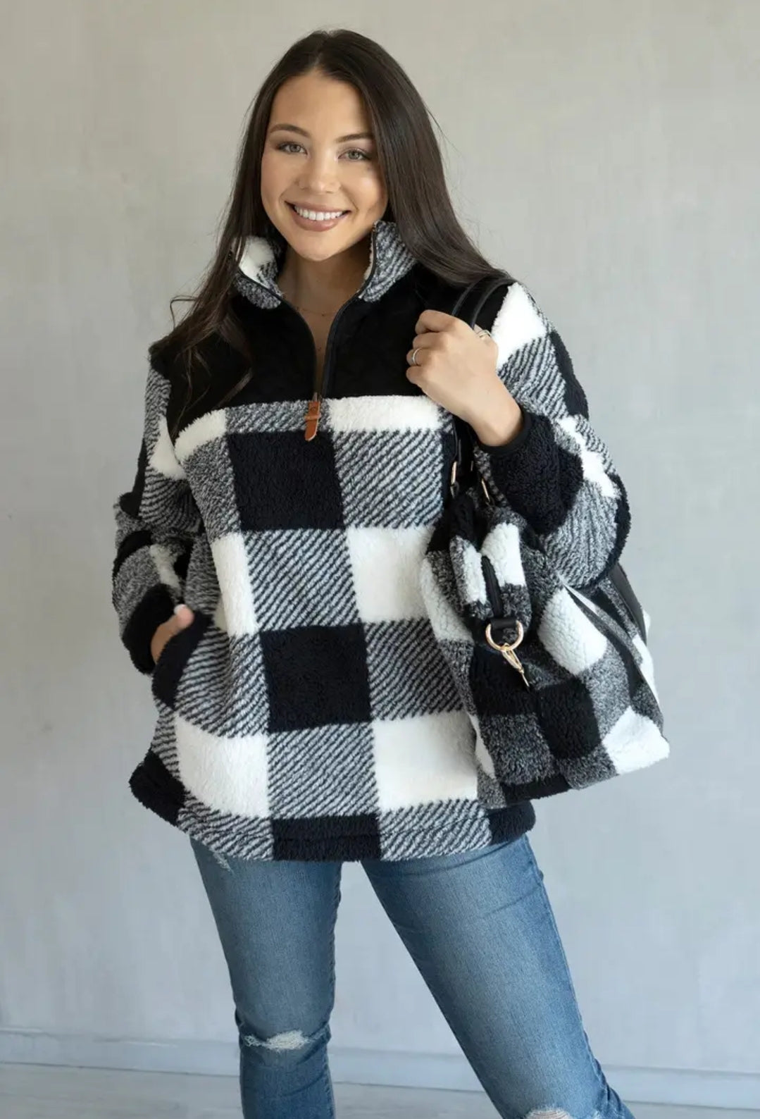 Sherpa Quarter Zip - Black/White Plaid